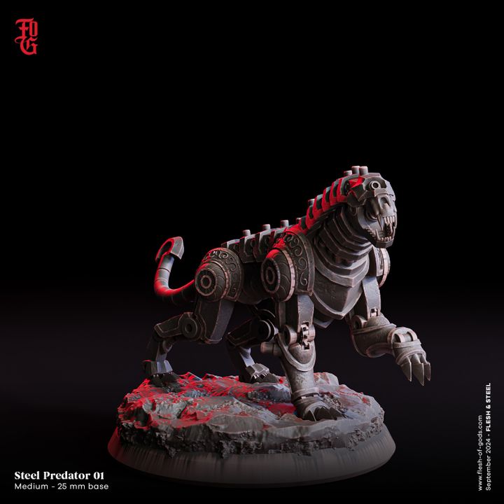 A mechanical predator with an armored body, detailed gears, and a fierce expression, poised on a rocky base.