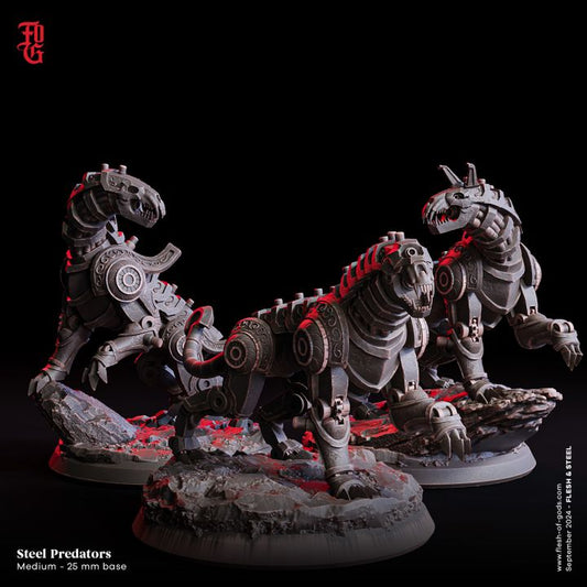 A group of three Steel Predator miniatures, each with unique mechanical features and dynamic poses, standing on rocky bases.