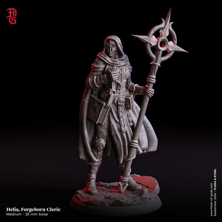 Miniature of Helia, a warforged cleric, wearing detailed armor and a hooded cloak, holding a large staff with a complex design. Perfect for use in fantasy TTRPG settings such as Dungeons & Dragons and Pathfinder.