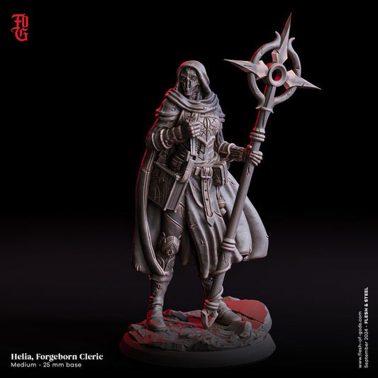 Miniature of Helia, a warforged cleric, wearing detailed armor and a hooded cloak, holding a large staff with a complex design. Perfect for use in fantasy TTRPG settings such as Dungeons & Dragons and Pathfinder.