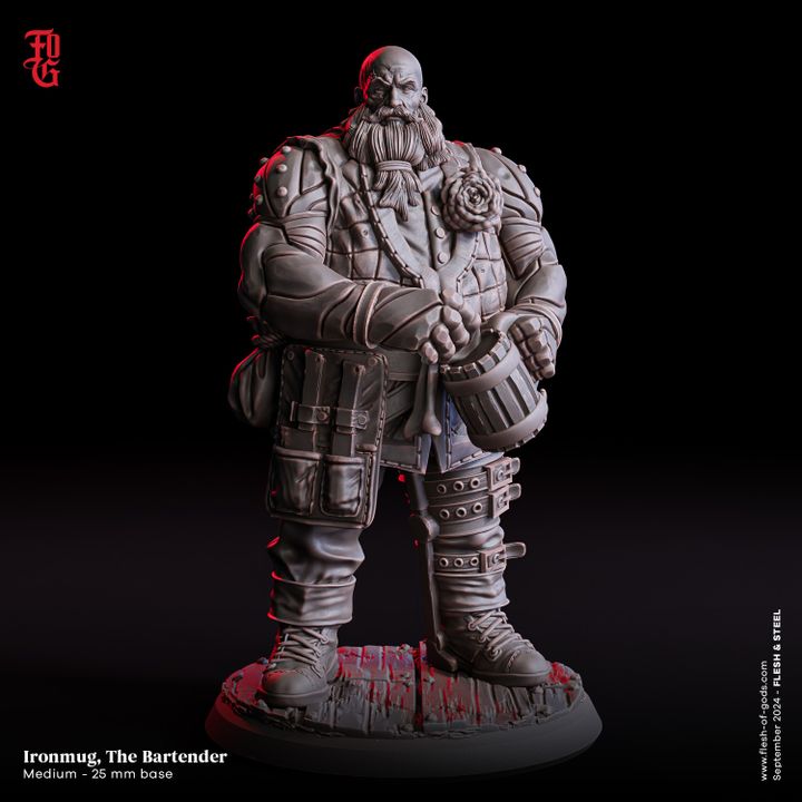 Miniature of Ironmug, a dwarf bartender holding a tankard, dressed in rugged armor, suitable for fantasy tabletop RPGs like D&D and Pathfinder.