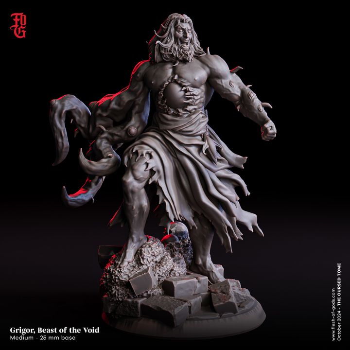 Grigor, Beast of the Void, muscular figure with void tendrils and tattered robes, standing on a rocky platform.