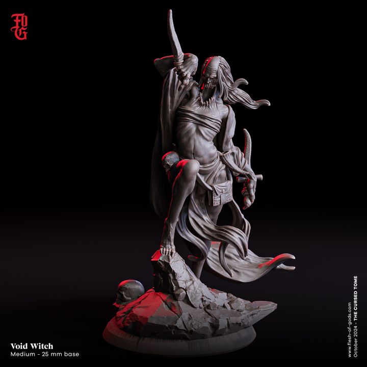 Dark sorceress figure standing on a rocky base, holding daggers, robes flowing in a dynamic pose.