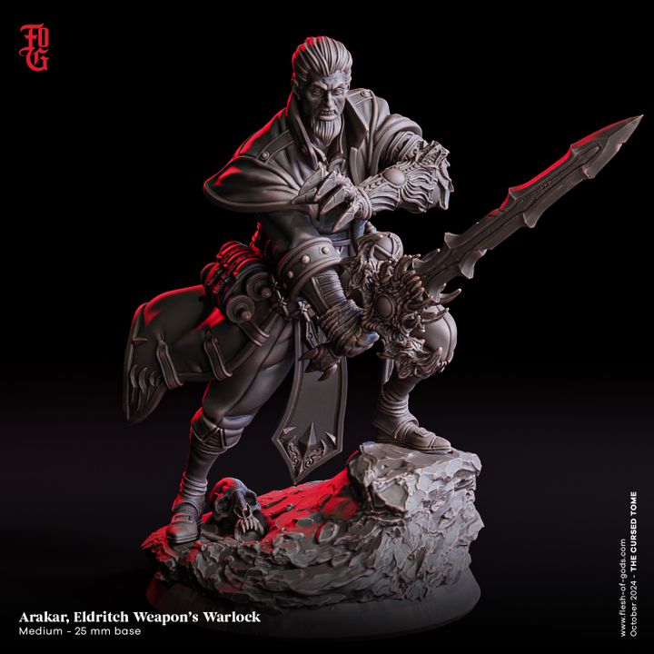 Human male warlock miniature holding a large eldritch sword, in a dynamic battle stance on a rocky base.