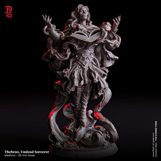 Thebeus, Undead Sorcerer miniature casting a spell with swirling ghostly energy, suitable for dark fantasy TTRPGs like Pathfinder or Dungeons & Dragons.