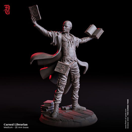 Cursed Librarian miniature with spell-casting pose, holding an open book and wearing detailed robes and chains. Suitable for dark fantasy TTRPGs like Dungeons & Dragons.