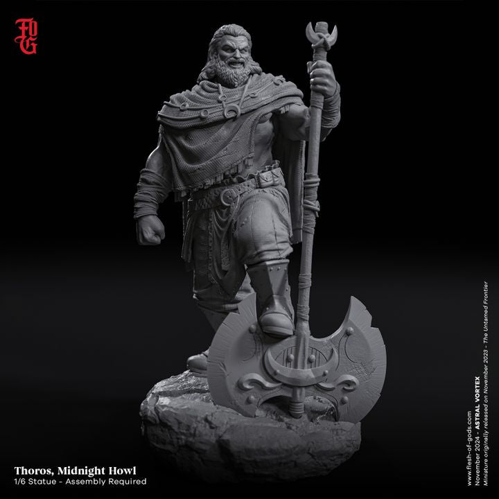 Front view of Thoros, Midnight Howl, a human barbarian in 1:6 scale, holding a massive double-headed axe, wearing a detailed cloak with a rugged expression.