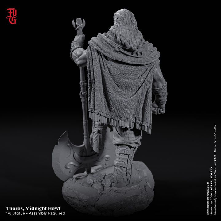 Back view of Thoros, Midnight Howl, showcasing the detailed texture of his cloak and his powerful stance, with his double-headed axe resting behind him.