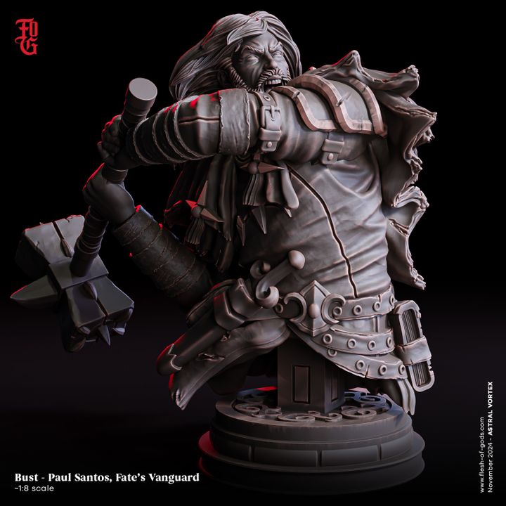 Bust of Paul Santos, Fate's Vanguard, depicting the upper body of a warrior with a determined expression, holding a warhammer. His rugged appearance is accentuated by detailed armor. Ideal for collectors and fantasy RPG settings.