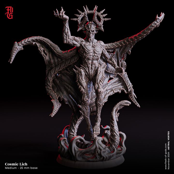 A terrifying eldritch figure with a crown of horns, wings spread wide, and eerie tendrils at its feet, bringing cosmic horror to life for dark fantasy tabletop RPGs like Dungeons & Dragons.