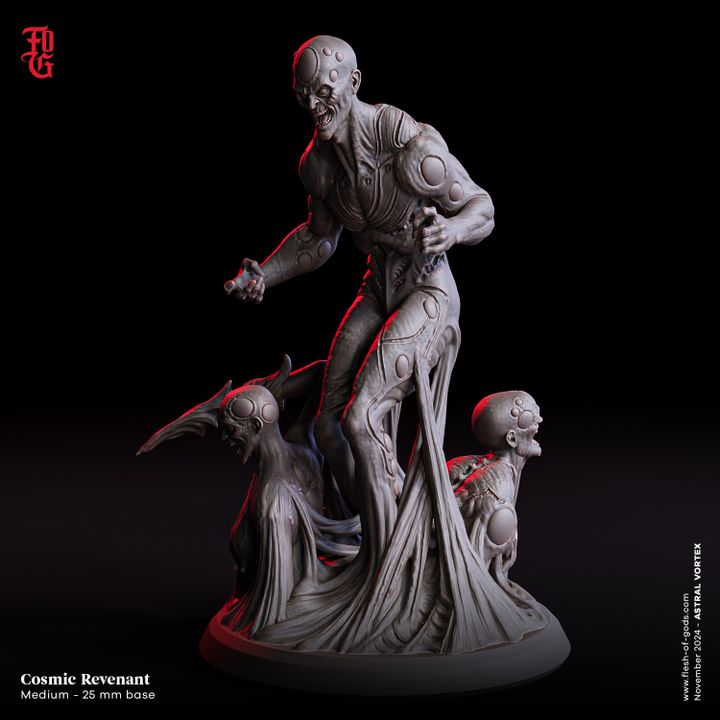 An eerie undead figure with tentacled, mutated growths, standing with an intimidating pose. The revenant's otherworldly design makes it an ideal opponent for space-themed TTRPGs like Starfinder.