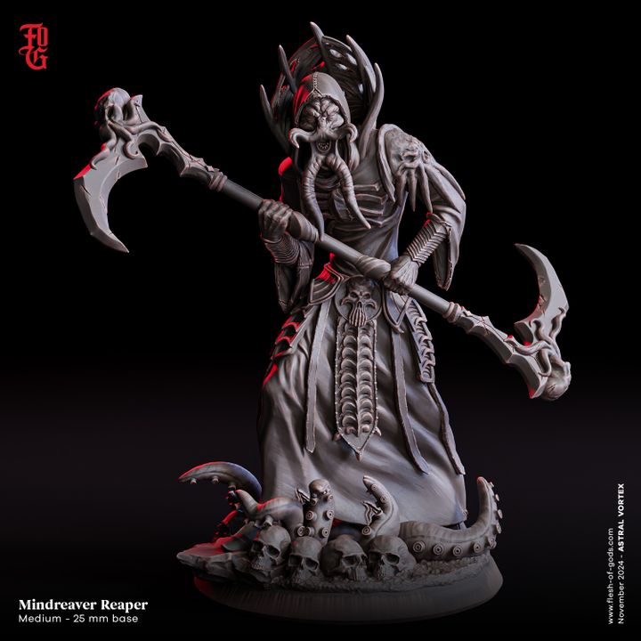 A terrifying eldritch being holding a double-headed scythe, draped in ornate robes, adorned with skulls at its feet, perfect for TTRPGs like Dungeons & Dragons as an intimidating villain.