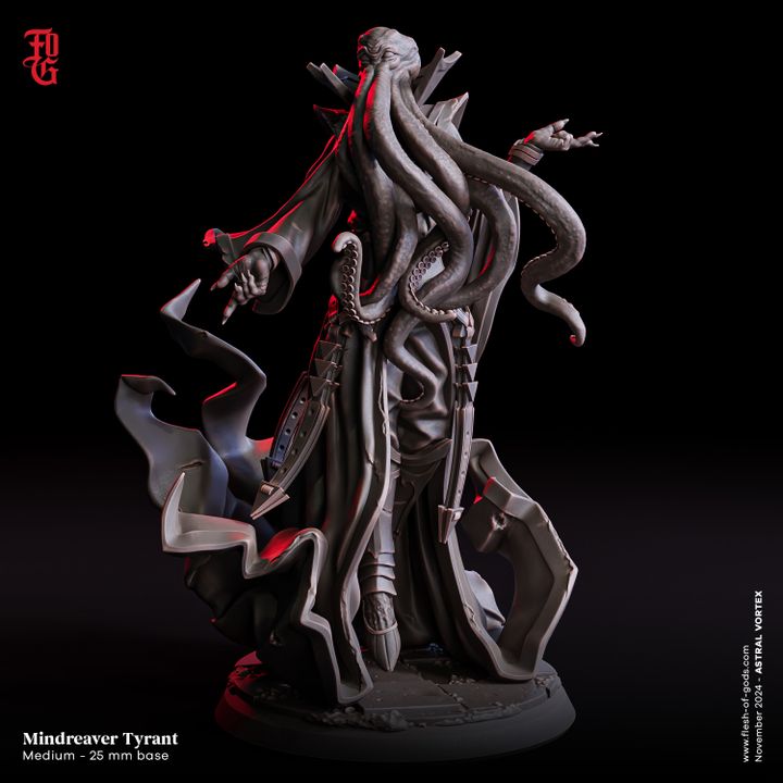 An eldritch figure adorned with long, twisting tentacles, dark robes, and arcane symbols, perfect for tabletop RPGs like Dungeons & Dragons as a powerful psionic villain.