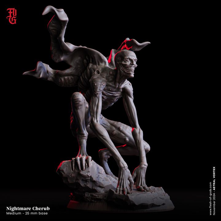 A grotesque and skeletal figure with distorted limbs and haunting wings, crouching menacingly on rocky terrain. This miniature adds a nightmarish touch to dark fantasy TTRPG settings like Pathfinder.