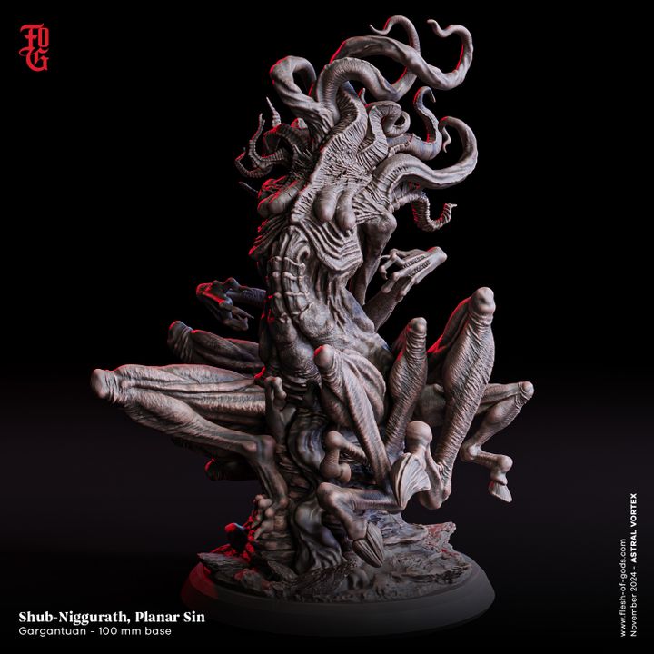 A grotesque, eldritch creature, covered in twisting tentacles and protruding limbs, embodying an otherworldly deity. The Shub-Niggurath model is ideal for eldritch-themed TTRPGs set in the Astral Plane or cosmic horror scenarios.