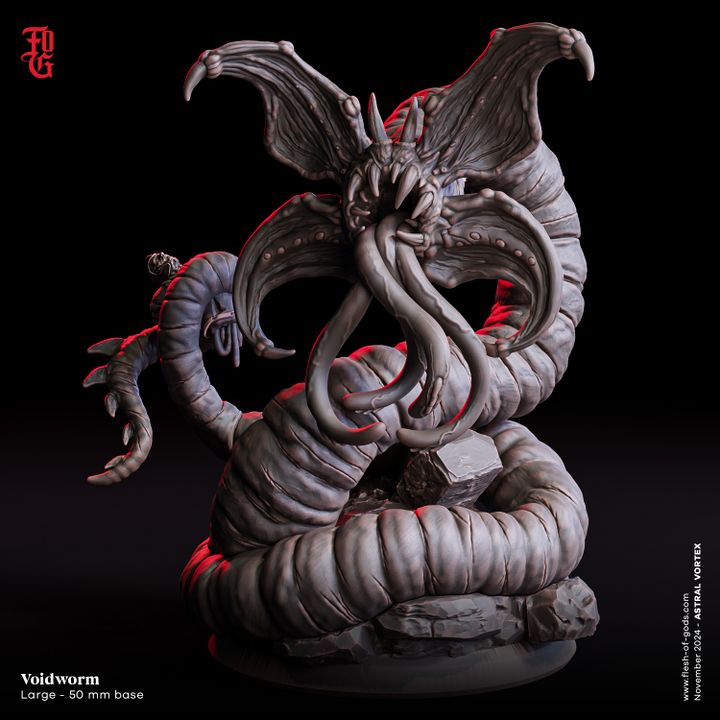 A monstrous creature resembling a grick, featuring a serpentine body, multiple tentacles, and an alien-like head with protruding appendages. The Voidworm is a large-scale miniature, suitable for eldritch-themed TTRPGs like Dungeons & Dragons.