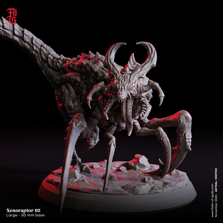 A large, alien-like creature with multiple horns, sharp claws, and a menacing posture, great for adding a challenging sci-fi element to your TTRPG campaigns, especially suited for settings like Starfinder.