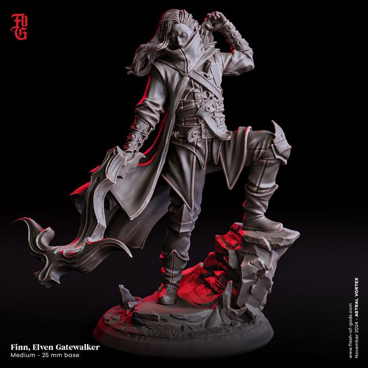 Finn, the Elven Gatewalker, stands boldly on rocky terrain, wearing layered armor and a flowing cloak. His confident pose, detailed attire, and striking features make this miniature ideal for fantasy TTRPGs like D&D or Pathfinder.