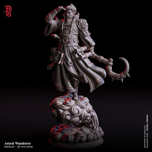 Astral Wanderer standing atop a cloud, dressed in detailed robes, holding a crescent staff. Ideal for tabletop roleplaying games like D&D or Pathfinder, this miniature captures the essence of a traveling mystic exploring the unknown.