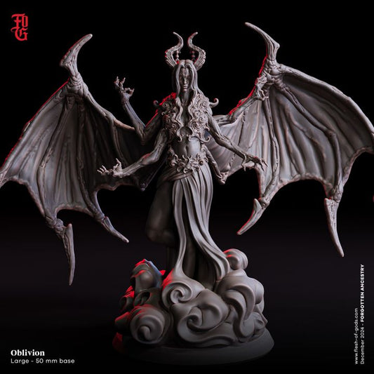 Oblivion, a devil with large bat-like wings, flowing hair, ornate horns, and long robes standing on a swirling misty base.