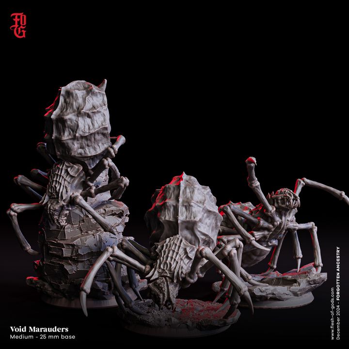 Group of Void Marauder miniatures, depicting menacing void spiders with twisted limbs and detailed bases.