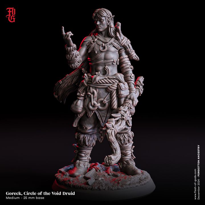 Goreck, Circle of the Void Druid miniature featuring a male elf wearing intricate gear with rope and talismans, standing on rugged terrain while gesturing with one hand. Perfect for fantasy TTRPGs like Dungeons & Dragons or Pathfinder.