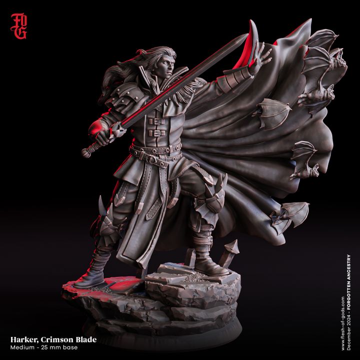 Harker, Crimson Blade miniature depicting a vampire fighter with a longsword, dramatic cape with bats, and standing on rugged terrain. Ideal for gothic-themed tabletop RPGs like Dungeons & Dragons or Pathfinder.