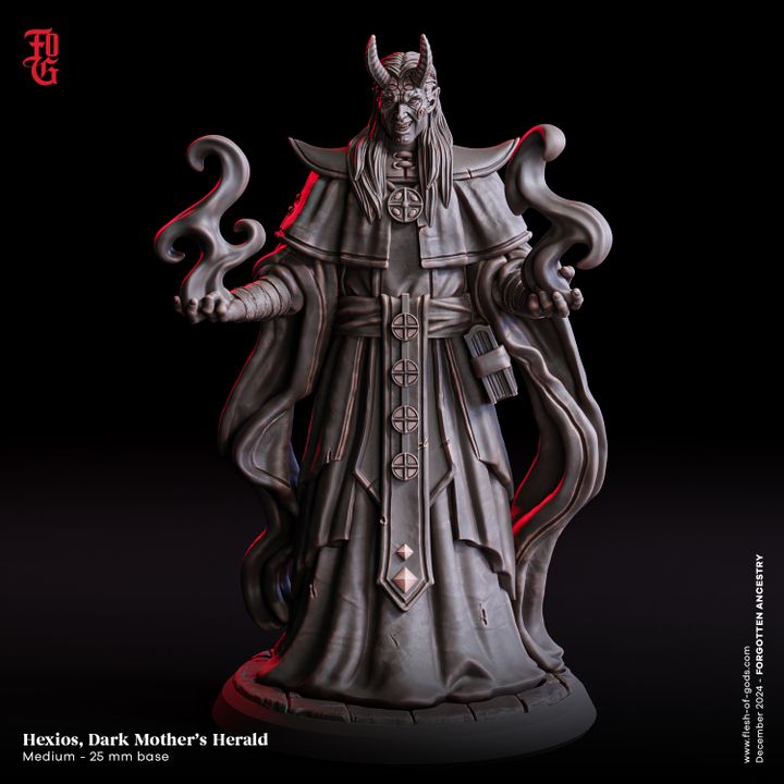 Hexios, Dark Mother's Herald miniature showcasing a warlock clad in ornate robes with intricate symbols, summoning dark energy from both hands. A perfect addition for dark fantasy RPGs like Dungeons & Dragons or Mörk Borg.