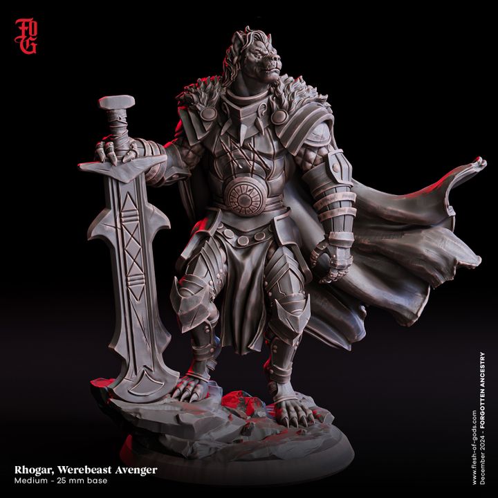 Rhogar, Werebeast Avenger miniature portraying a werewolf paladin gripping a greatsword, clad in ornate armor, exuding a commanding and divine presence. Ideal for dark fantasy tabletop RPGs such as Dungeons & Dragons or Pathfinder.