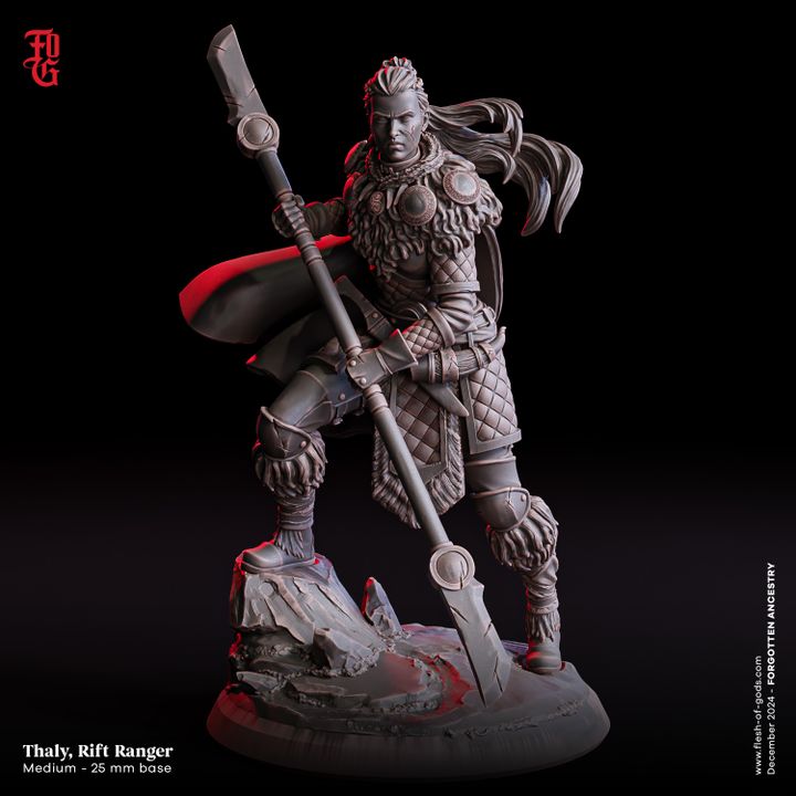 Thaly, Rift Ranger miniature depicting a warrior holding a naginata, clad in detailed armor with a fur-lined cape, standing over rugged terrain. Perfect for tabletop RPGs like Dungeons & Dragons or Pathfinder, ideal for representing a ranger or adventurer.