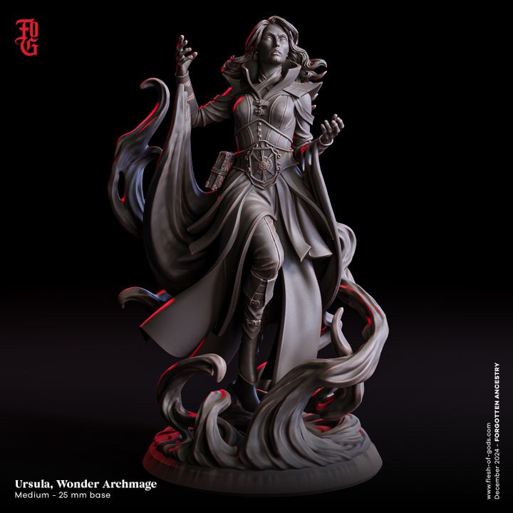 Ursula, Wonder Archmage miniature featuring an elegant mage in flowing robes, surrounded by swirling magical energy. The figure captures the commanding presence of an archmage, suitable for tabletop RPGs like Dungeons & Dragons or Pathfinder.