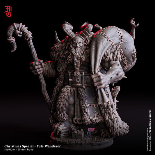 A Krampus-inspired Yule Wanderer figurine, posed with a large staff and stitched sack, wearing a fur-lined coat with massive horns and a grim expression, ideal for dark fantasy TTRPGs like Warhammer Fantasy or Dungeons & Dragons.