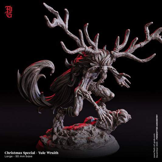 A reindeer-themed Yule Wraith figurine posed menacingly with enormous antlers, skeletal features, and a tattered cloak, crouched atop rocky terrain, perfect for dark fantasy TTRPGs like Pathfinder or Dungeons & Dragons.