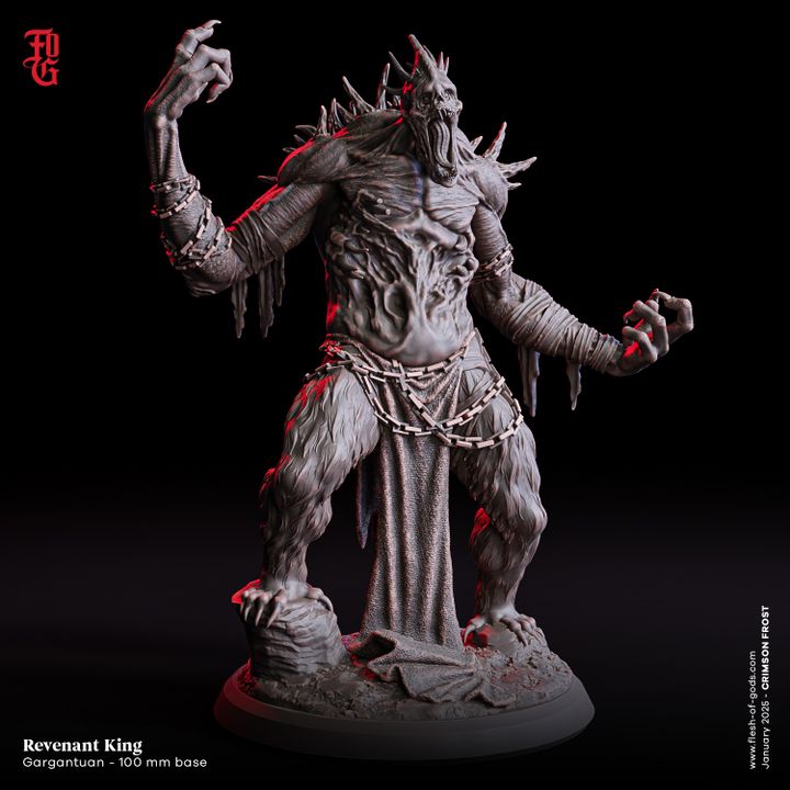 Revenant King miniature depicted as a towering undead figure with grotesque features, draped chains, and a menacing pose. Ideal for dark fantasy tabletop RPG settings.