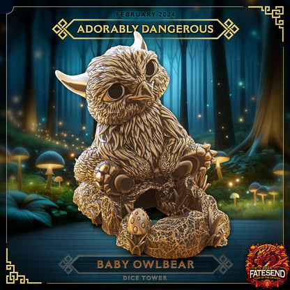 Baby Owlbear Dice Tower with a cute baby owlbear sitting on a rocky base with mushrooms, set in an enchanted forest background.