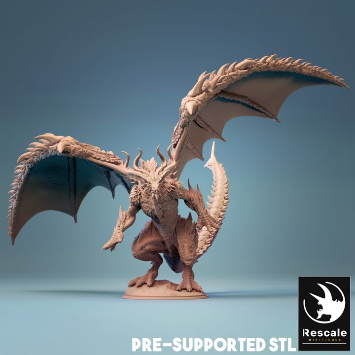 A 3D print of Bahamut, the legendary platinum dragon, featuring large wings, intricate scales, and a powerful stance. This highly detailed miniature is designed for tabletop RPGs such as Dungeons & Dragons, Pathfinder, and Warhammer.