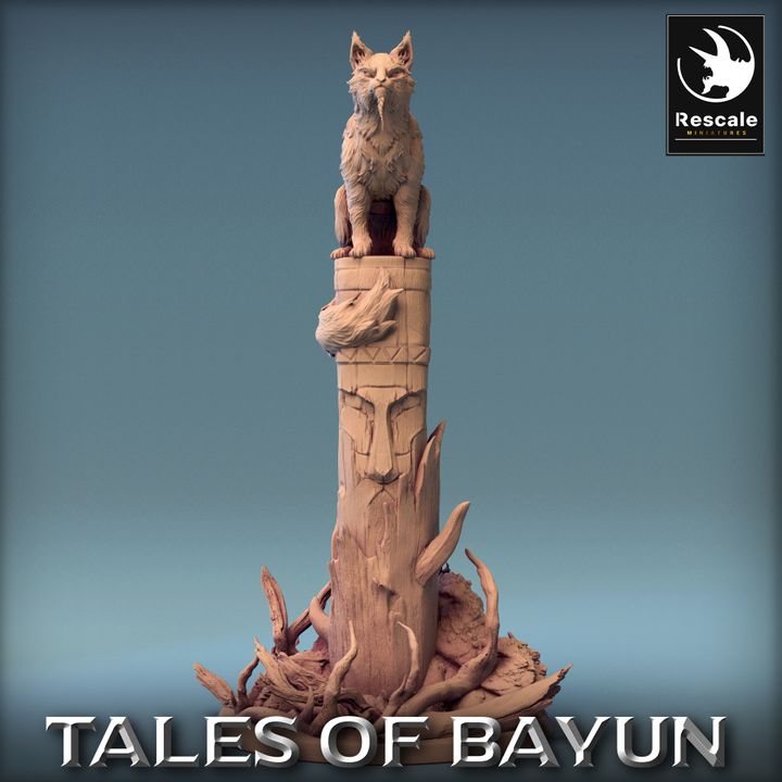 Bayun the Cat miniature from Tales of Bayun, sitting atop a tall, carved pillar surrounded by roots, featuring a mystical and watchful expression.