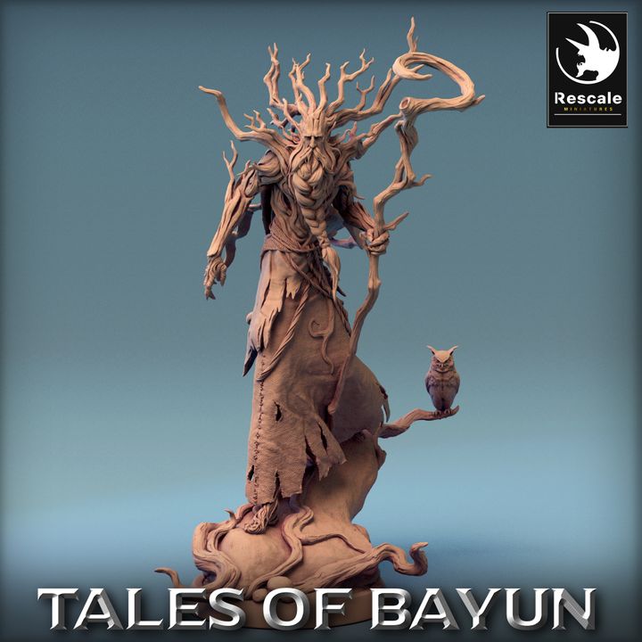 Lechy miniature from Tales of Bayun, a tall figure with a head of branches, holding a gnarled staff with an owl perched on a branch, wearing a tattered robe.