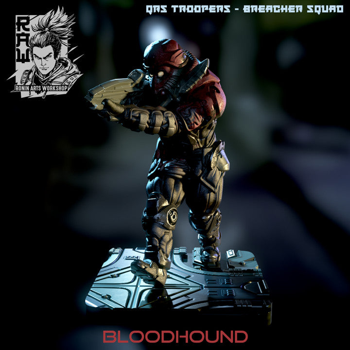 A heavily armored sci-fi soldier wielding a rifle and prepared for offensive operations. Bloodhound stands firm on a tech-styled base. This miniature is well-suited for tactical breaching missions in sci-fi TTRPGs like Starfinder or Cyberpunk.