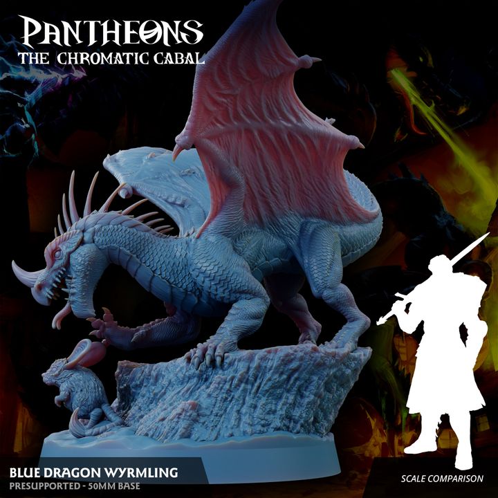 Side view of a Blue Dragon Wyrmling miniature perched on a rocky base, wings unfurled, looking for snacks or adventurers.