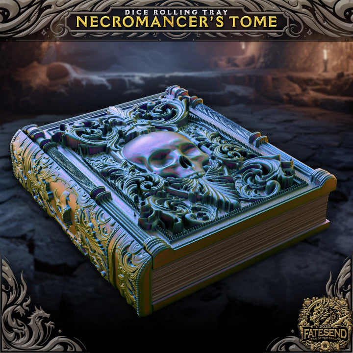 Necromancer's Tome dice rolling tray and storage with intricate skull design