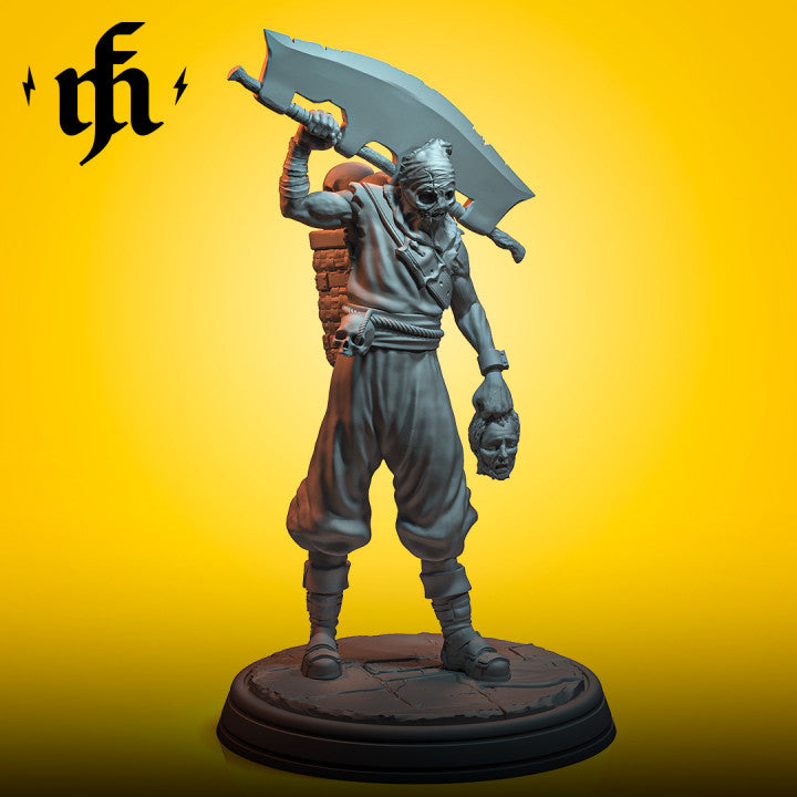 Masked warrior holding a severed head and wielding a large cleaver on his shoulder, standing on a stone base.