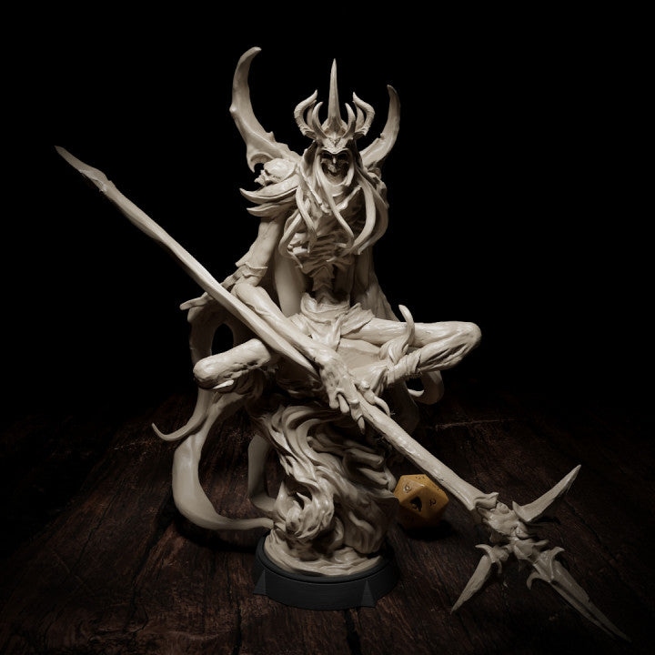 Abeloth, The Impaler miniature seated with a large polearm in hand, ghostly form with flowing tendrils and a skeletal crown, resembling a spectral reaper, ideal for use in dark fantasy TTRPG settings.