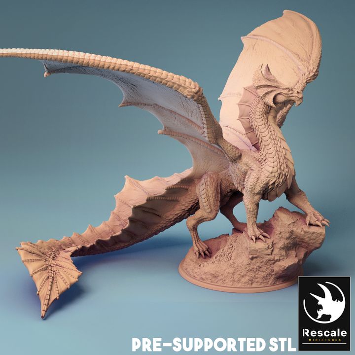 A detailed 3D miniature of a Brass Dragon perched on a rocky outcrop with its wings unfurled. Ideal for tabletop RPGs like Dungeons & Dragons and Pathfinder, this miniature brings the sly and strategic nature of the Brass Dragon to your gaming table.