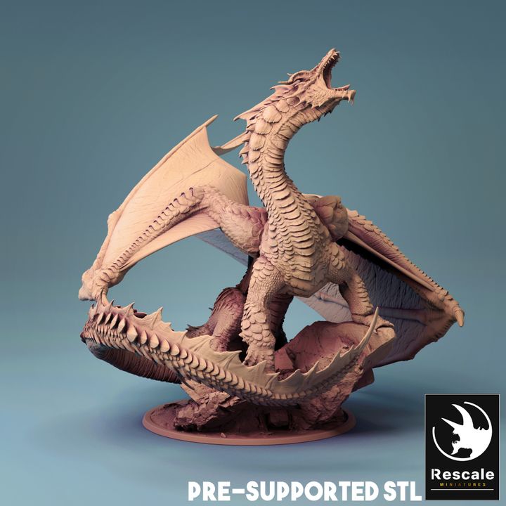 A detailed miniature of an Adult Brine Dragon, depicted mid-roar with wings slightly spread and claws gripping a rocky base. The dragon's scales are finely textured, capturing the essence of a powerful, sea-dwelling creature ready for battle. This miniature is perfect for enhancing tabletop adventures or as a striking display piece.