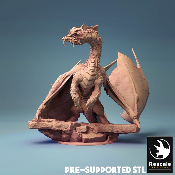 A highly detailed miniature of an Elder Brine Dragon, poised on a rocky base. The dragon features sharp scales, a majestic head with spiky protrusions, and powerful wings partially spread. Its stance exudes ancient power and wisdom, making it a stunning addition to any fantasy collection.