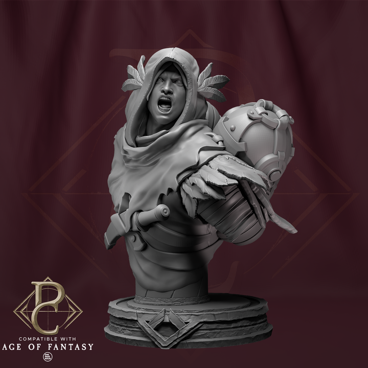 Aerithian Wind Defender Bust: Bust of the knight shouting, holding a bomb, perfect for detailed painting and role-playing scenarios.