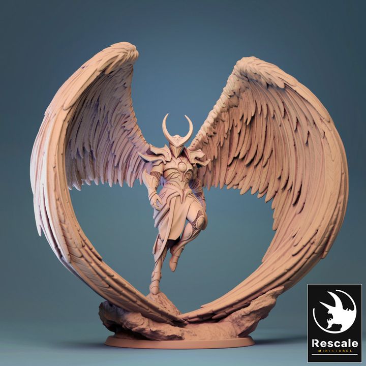 A stunning miniature of an Angel Fighter, depicted mid-flight with its massive wings arched in a protective circle. The figure wears intricately designed armor and a horned helmet, exuding an aura of strength and divinity. Ideal for tabletop role-playing games or as an impressive display piece.