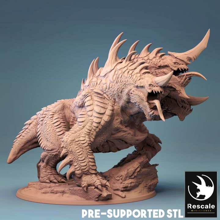 Side view of the Dracocerberus miniature showcasing its spiked horns and muscular build.