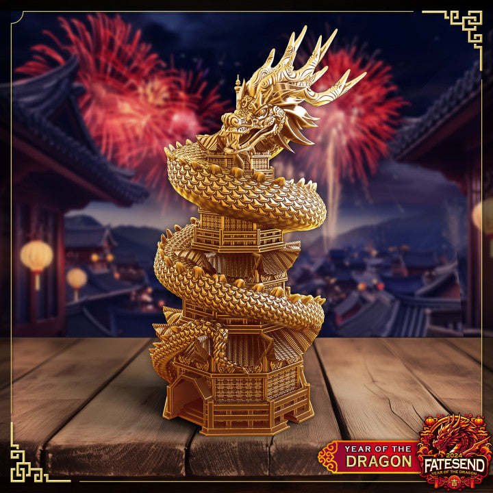 Year of the Dragon Dice Tower featuring a coiled dragon around an Asian-style tower, perfect for tabletop RPGs.